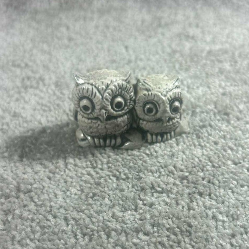 Owl Figurine Grey White Miniature Pair Huddled Bird Decor Small 2" Trinket